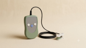 A small unbranded sage handheld nerve stimulator with blank buttons and a coiled cable leading to an ear clip electrode.