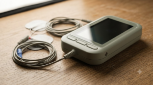 A small unbranded TENS-style stimulator with two lead wires and flat pads on a worn oak surface.