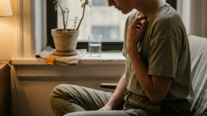 A person tapping their fingertips lightly against their collarbone in a warm room
