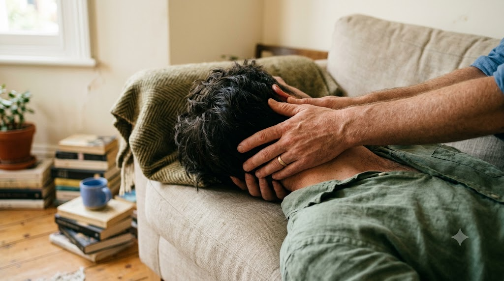 A pair of hands cradling the back of a reclining person’s neck in a gentle chiropractic hold on a sofa in soft window light.
