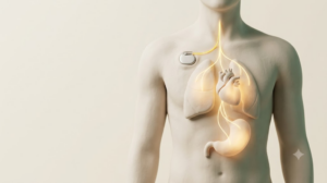 Matte clay torso with an implanted stimulator below the collarbone and glowing golden filaments illuminating the heart, lungs and stomach