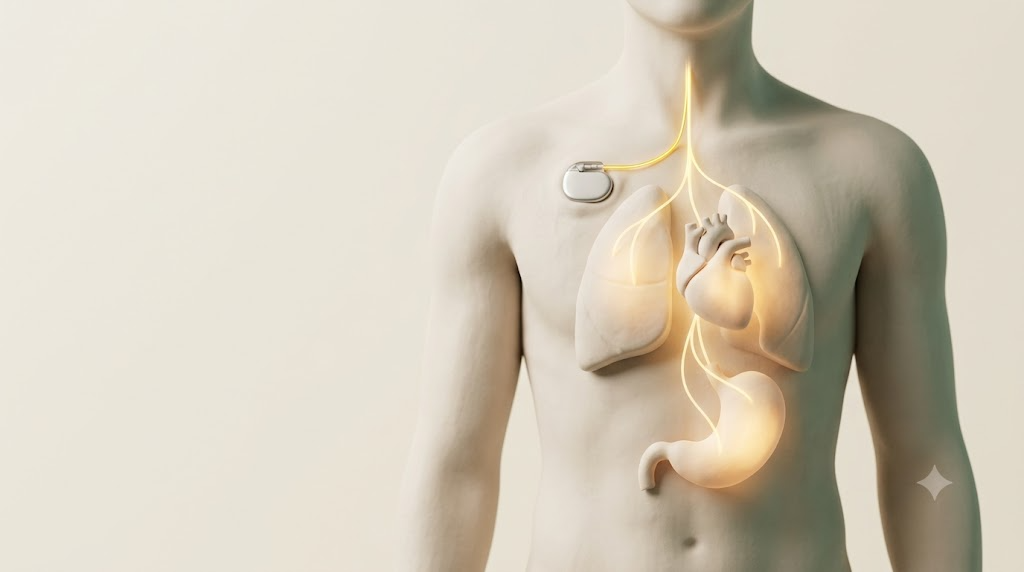 Matte clay torso with an implanted stimulator below the collarbone and glowing golden filaments illuminating the heart, lungs and stomach
