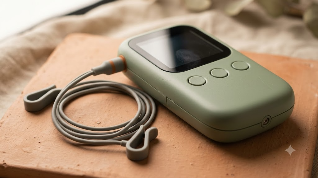 A small handheld nerve stimulator with an ear clip and coiled cable on a clay tile.