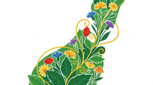 A flat folk-art vector illustration of the vagus nerve running down the side of the neck, framed by stylised flowers and curling vines on white.