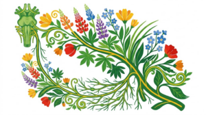 A flat folk-art vector illustration of the vagus nerve with lupins, forget me nots and grasses arching over it on white.