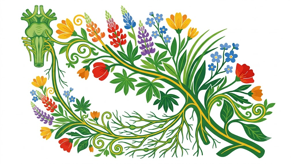 A flat folk-art vector illustration of the vagus nerve with lupins, forget me nots and grasses arching over it on white.