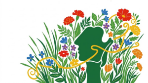A flat vector folk-art illustration of a human larynx and vocal cords surrounded by stylised flowers and a golden vine on a white background.