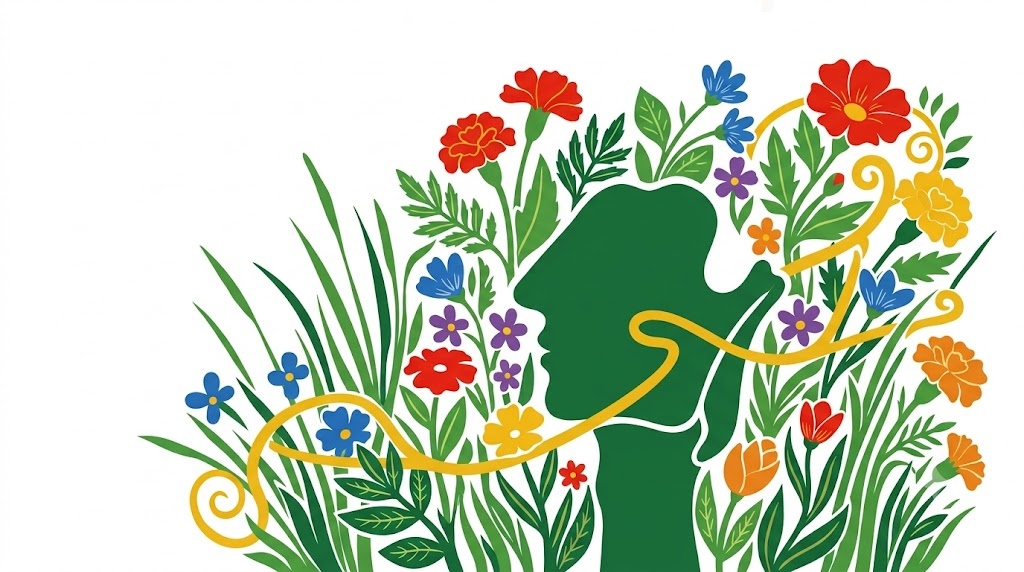 A flat vector folk-art illustration of a human larynx and vocal cords surrounded by stylised flowers and a golden vine on a white background.