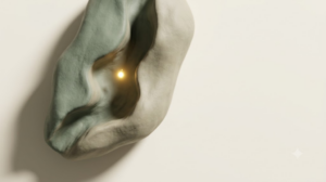 Overhead view of a smooth sage and putty clay stone hollowed by a channel, with a single bright golden spark hovering above it.