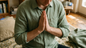 Seen from just above on a worn rug, a person presses their palms together at their chest in low morning sun.