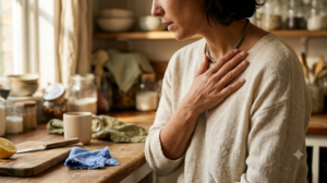 A close, warm photograph of a person finishing a slow breathing exercise with one hand resting on their collarbone at a wooden kitchen counter.