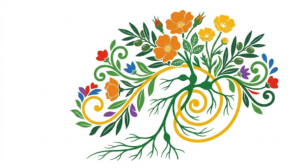 A flat folk-art vector illustration of the human vagus nerve framed by stylised flowers, leaves and curling vines on a white background.