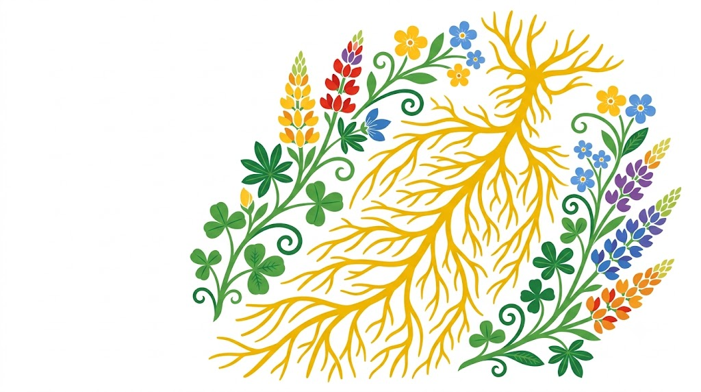 A flat folk-art vector illustration of a branching vagus nerve between mirrored sprays of lupins and forget me nots.