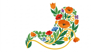 A flat folk-art vector illustration of a human stomach silhouette against poppies, tulips and clover leaves on a white background.