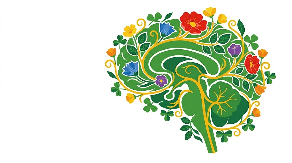 A flat folk-art vector illustration of a brain and brainstem with wild roses and buttercups winding around it.
