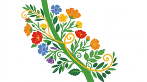 A flat folk-art vector illustration of a vagus nerve running down the side of the neck, decorated with stylised flowers on white.