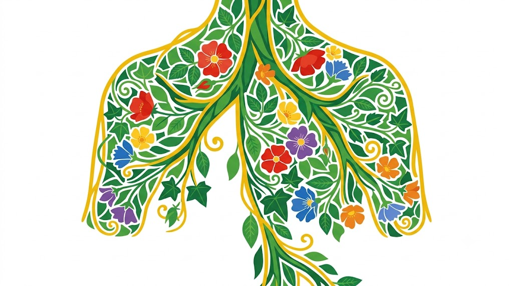 A flat folk-art vector illustration of the human vagus nerve framed by stylised flowers and curling vines on white.