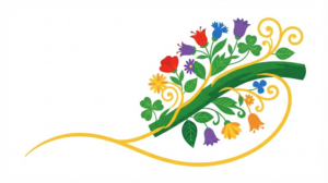 Flat vector illustration of a bruised nerve fibre with a spray of stylised bellflowers and asters fanning out from one side.