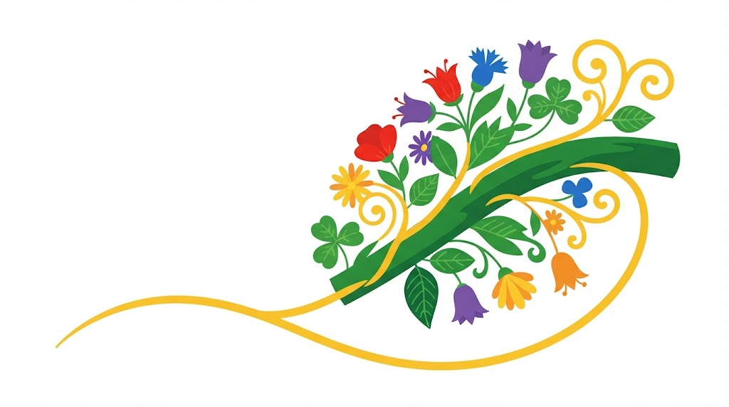 Flat vector illustration of a bruised nerve fibre with a spray of stylised bellflowers and asters fanning out from one side.