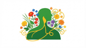 A flat vector folk-art illustration of a human vagus nerve with stylised flowers and leaves on a white background.
