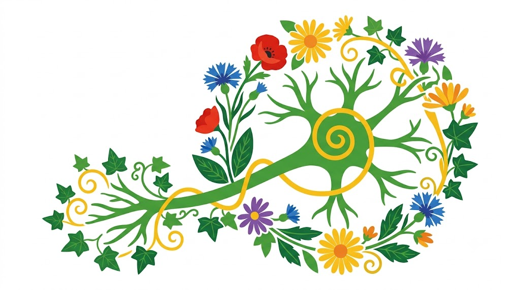 A flat vector folk-art illustration of a long branching nerve fibre inside a wreath of flowers and leaves.