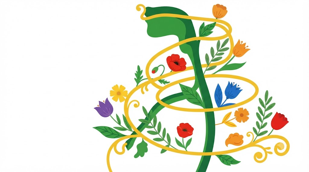A flat vector folk-art illustration of a human vagus nerve with stylised flowers and leaves on a white background.