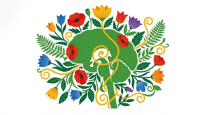 A flat folk-art vector illustration of a human brainstem silhouette against poppies, tulips and fern fronds on a white background.