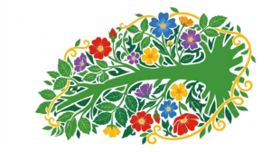 A flat folk-art vector illustration of the vagus nerve silhouette against wild roses, buttercups and broad leaves.