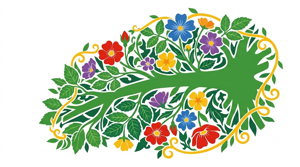 A flat folk-art vector illustration of the vagus nerve silhouette against wild roses, buttercups and broad leaves.