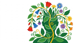 Flat vector folk-art illustration of a head and shoulders with the vagus nerve marked down the neck, surrounded by stylised blooms and foliage on a white background.