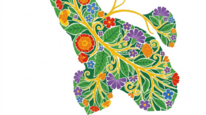A flat vector folk-art illustration of a human vagus nerve filled with stylised flowers and leaves on a white background.