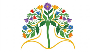 A flat folk-art vector illustration of the vagus nerve running down the neck with stylised bellflowers arching over it.