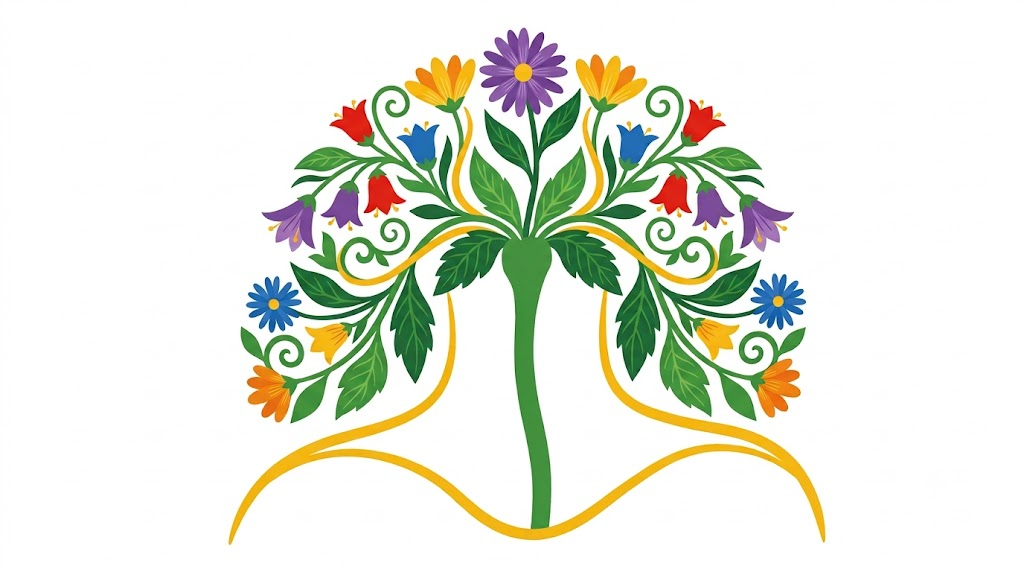A flat folk-art vector illustration of the vagus nerve running down the neck with stylised bellflowers arching over it.