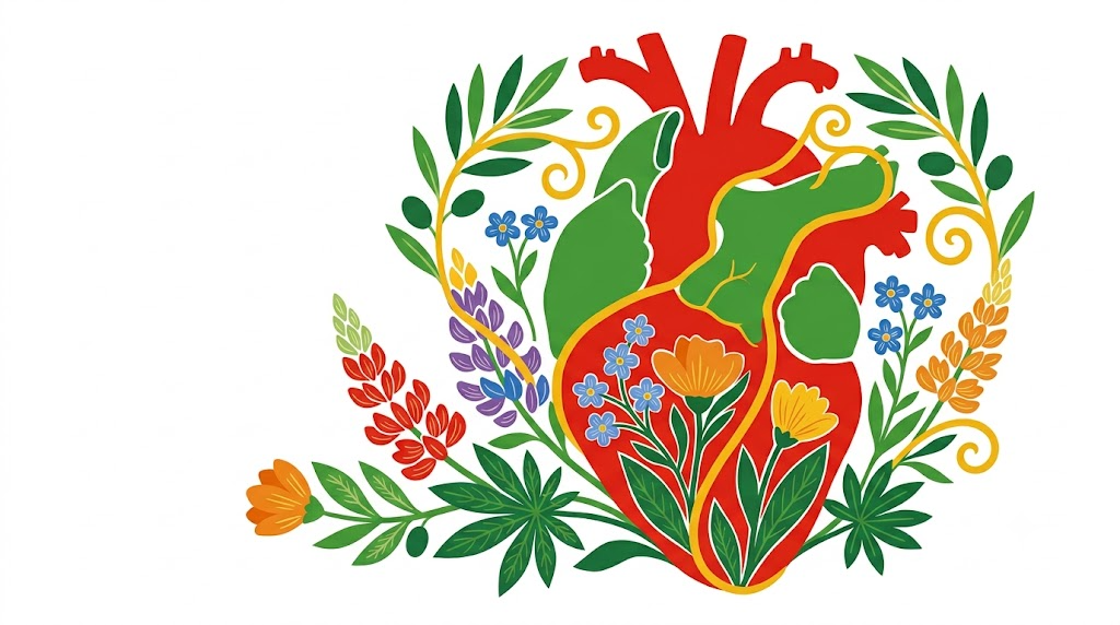 A flat folk-art vector illustration of a human heart with lupins and forget me nots climbing up around it.