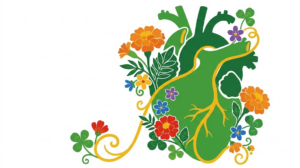 Flat vector folk-art illustration of an anatomical human heart with stylised marigolds and leaves on a white background.