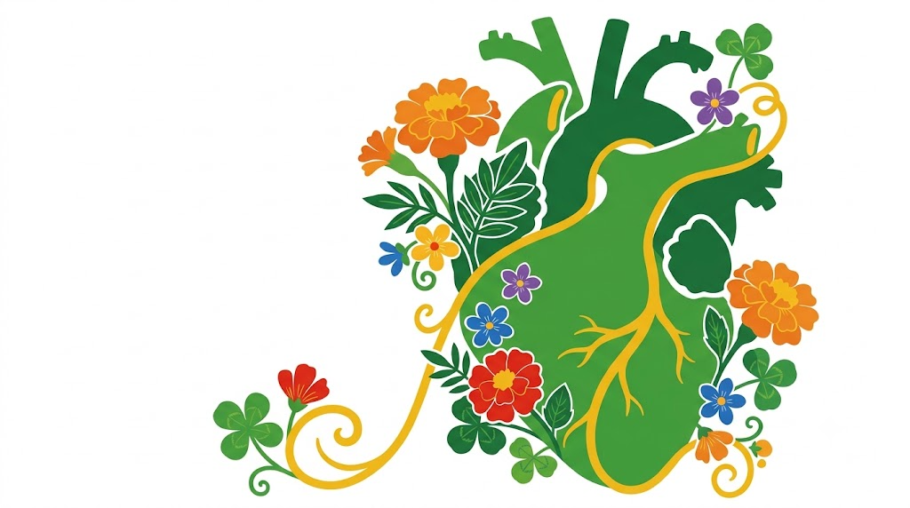 Flat vector folk-art illustration of an anatomical human heart with stylised marigolds and leaves on a white background.