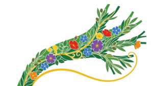 A flat folk-art vector illustration of a vagus nerve and its branching fibres filled with stylised flowers on white.