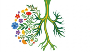 A flat folk-art vector illustration of the vagus nerve with a spray of marigolds, blossoms and olive sprigs.