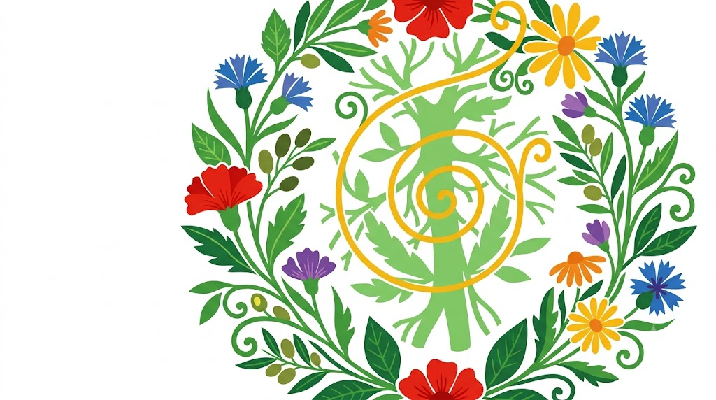 A flat folk-art vector illustration of the human vagus nerve framed by stylised flowers and curling vines on white.