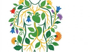 Flat vector illustration of a torso showing the heart and stomach, framed by folk-art flowers and foliage.