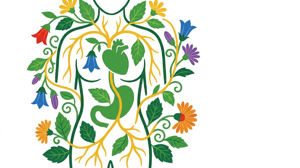 Flat vector illustration of a torso showing the heart and stomach, framed by folk-art flowers and foliage.