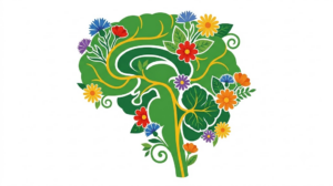 A flat folk-art vector illustration of a brain and brainstem with cornflowers and daisies along its outline.