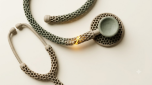 Overhead clay stethoscope with a honeycomb-textured tube in sage and putty, broken open by a bright golden seam.