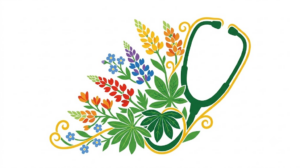 A flat folk-art vector illustration of a stethoscope with a spray of lupins, forget me nots and broad leaves.