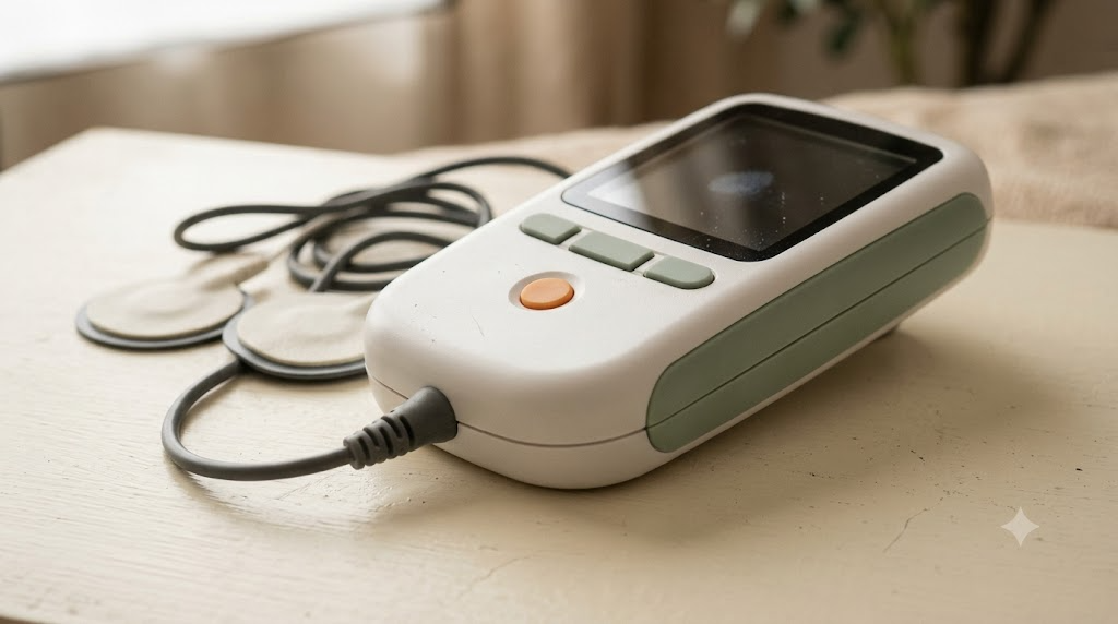A small white and sage handheld nerve stimulator with round electrode pads and a cable on a pale surface