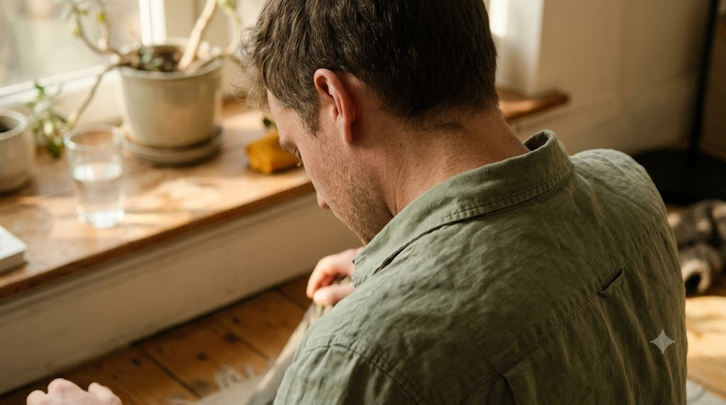 Seen from behind at a sunlit windowsill, a person rolls their shoulders back and lets their head drop forward.