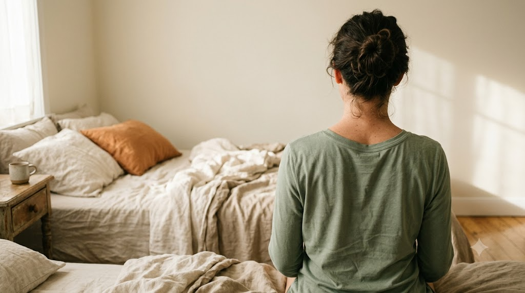 Seen from behind, a person in a sage top sits on the edge of an unmade linen bed in morning light.