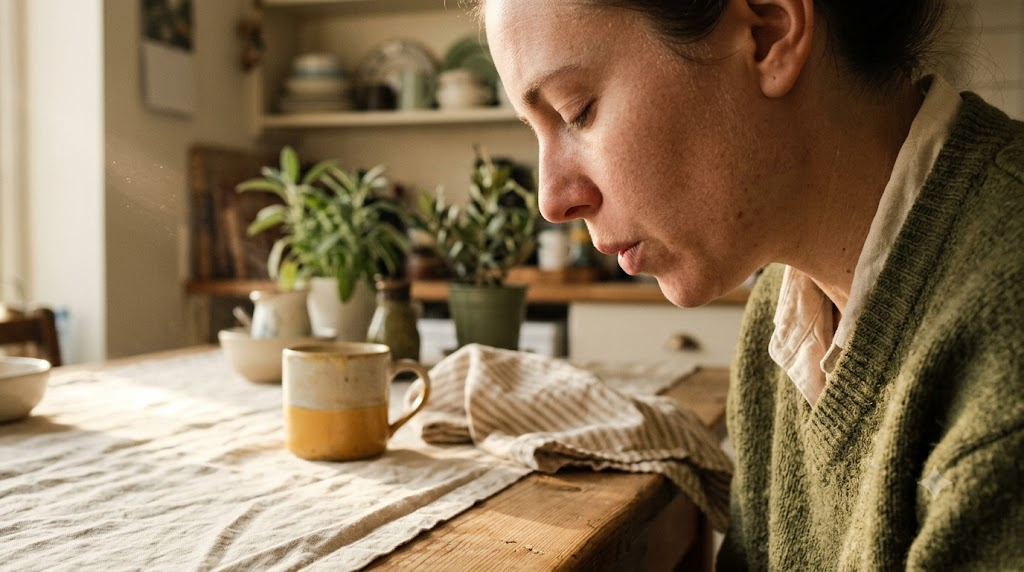 In profile at a kitchen table, a person exhales slowly with their chin tucked in warm afternoon light.