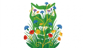 A flat vector illustration of a human larynx filled with a folk-art flower garden on white.