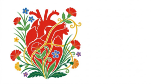A flat folk-art vector illustration of a human heart encircled by stylised flowers and curling vines on a white background.